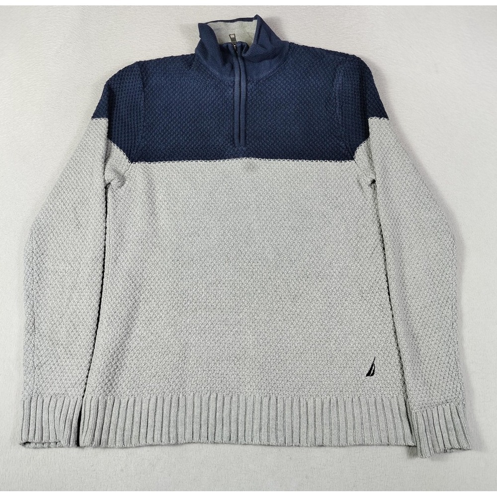 Nautica Sweater Mens Small Gray Blue 1/4 Zip Mock Neck Cotton Old Money Preppy